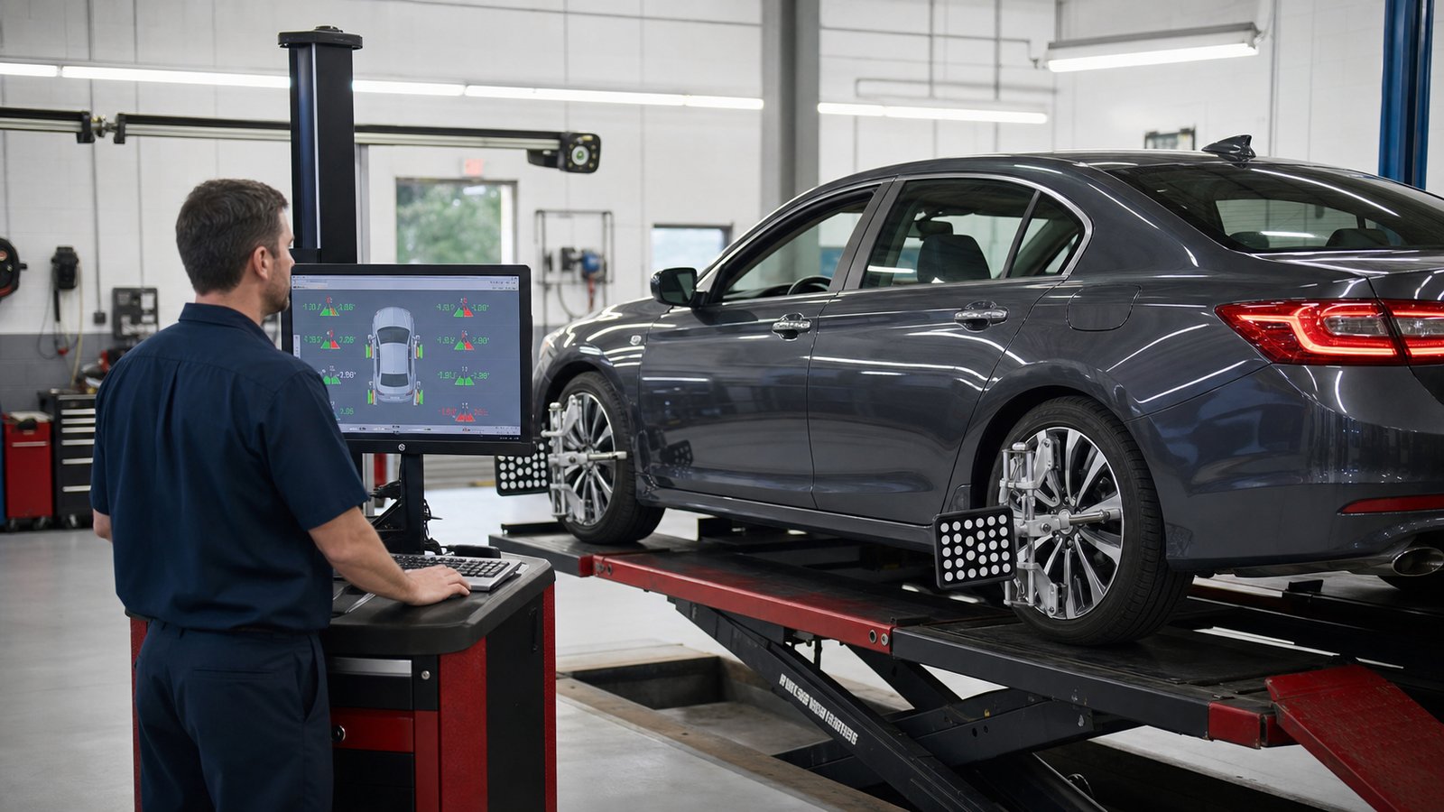 Vehicle on alignment rack at Perry's Quality Auto Repair in Simi Valley with laser alignment sensors mounted to wheels