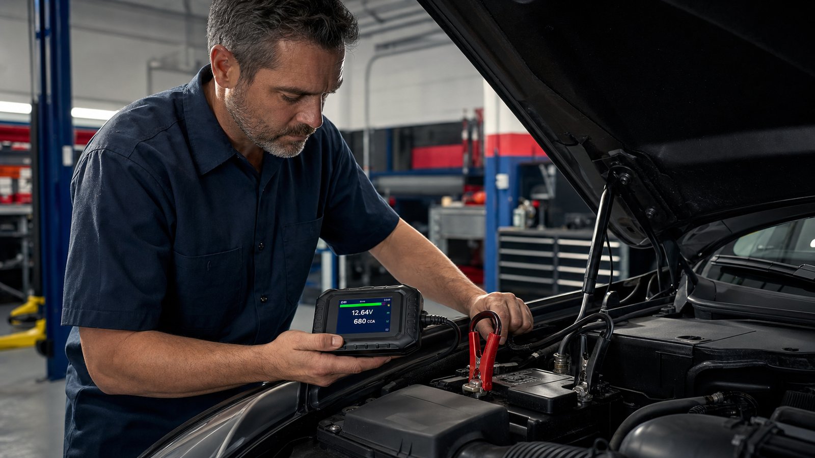 Perry's Quality Auto technician testing and replacing a car battery in Simi Valley