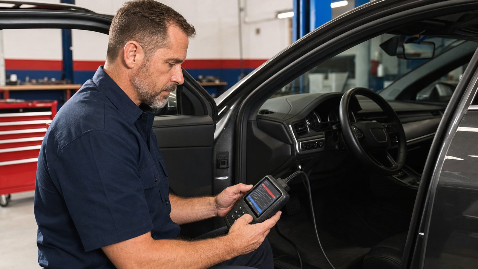 ASE certified technician scanning a vehicle's OBD-II port for diagnostic trouble codes at Perry's Quality Auto