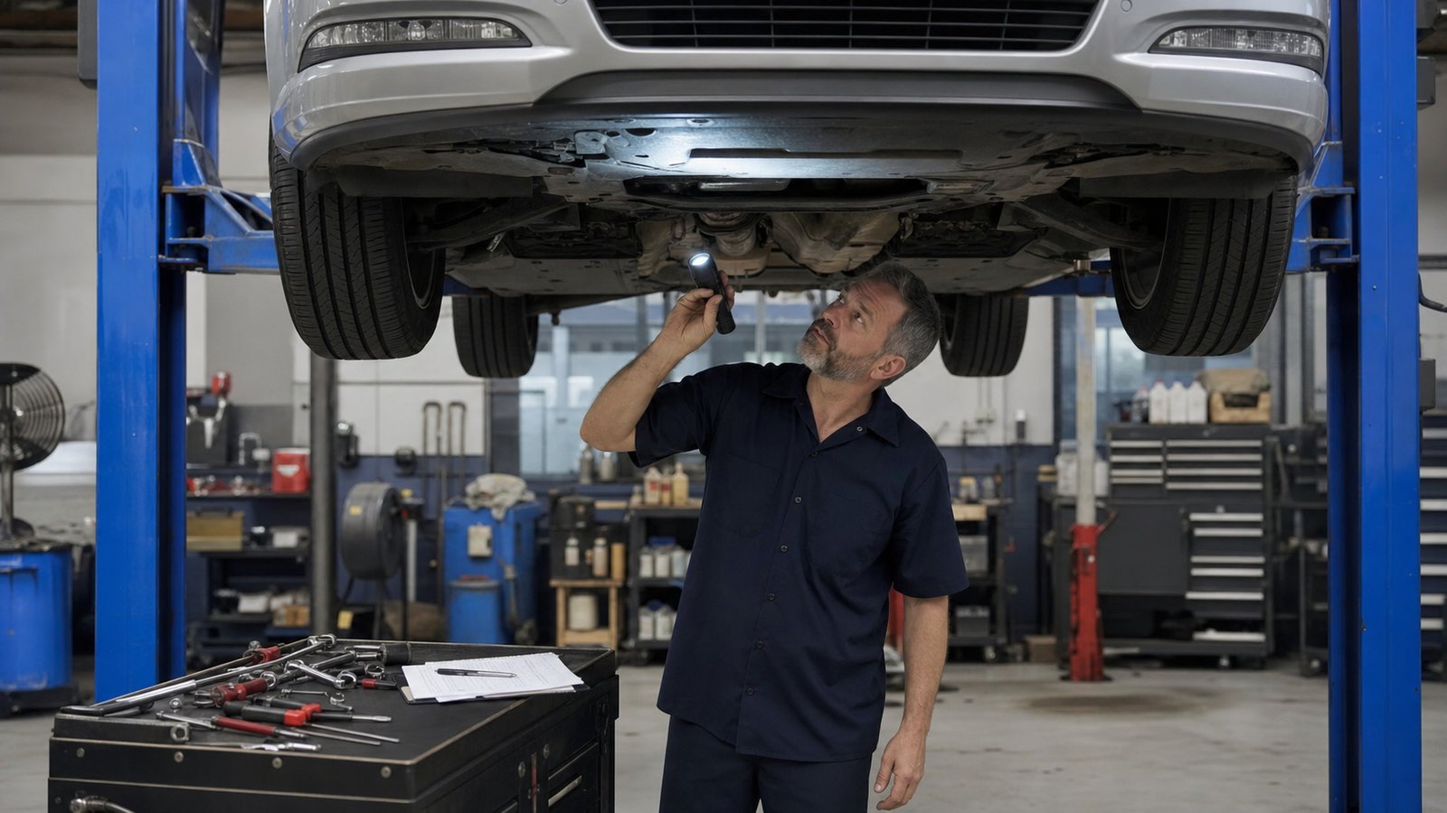 Perry's Quality Auto technician performing a pre-purchase inspection on a used vehicle in Simi Valley