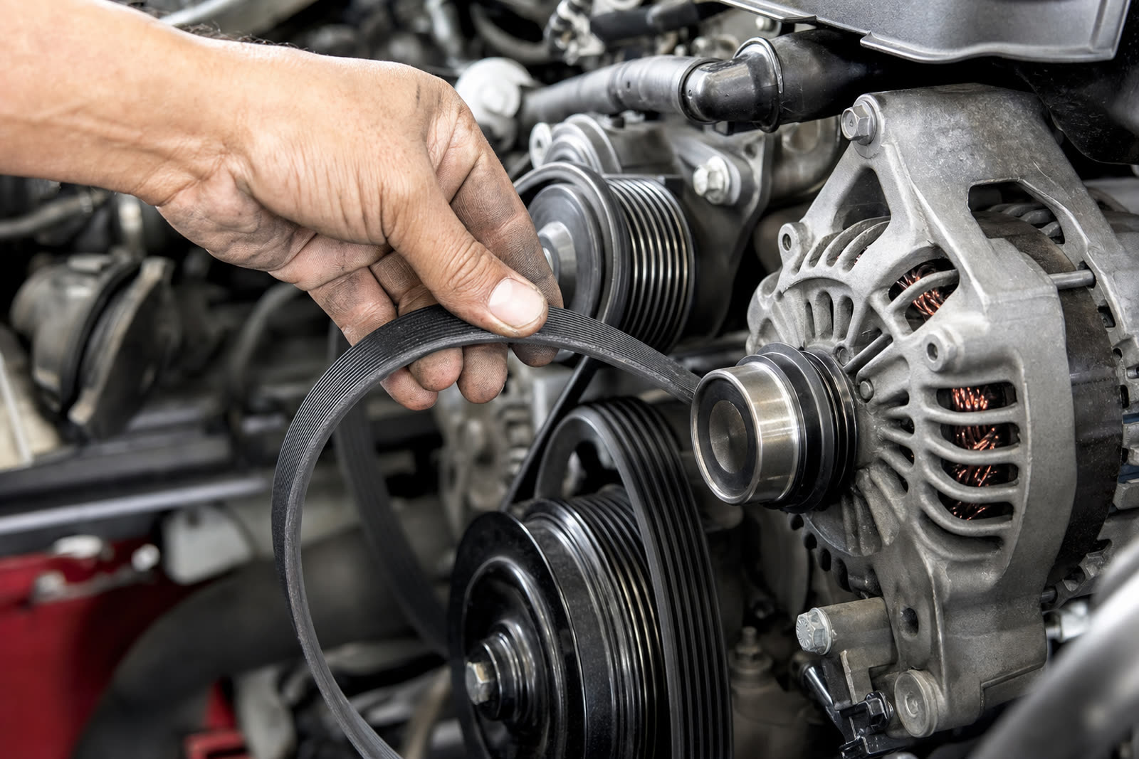 Perry's Quality Auto mechanic inspecting a serpentine belt on a vehicle in Simi Valley