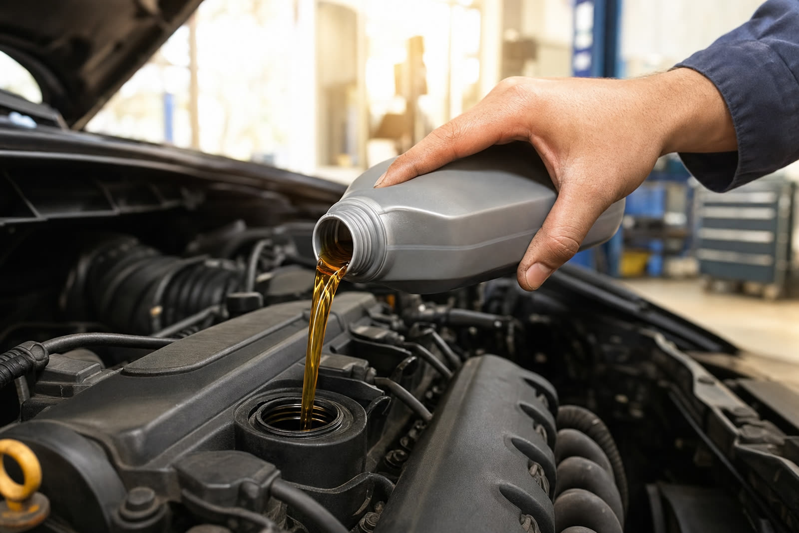 Perry's Quality Auto technician pouring synthetic motor oil into a vehicle in Simi Valley