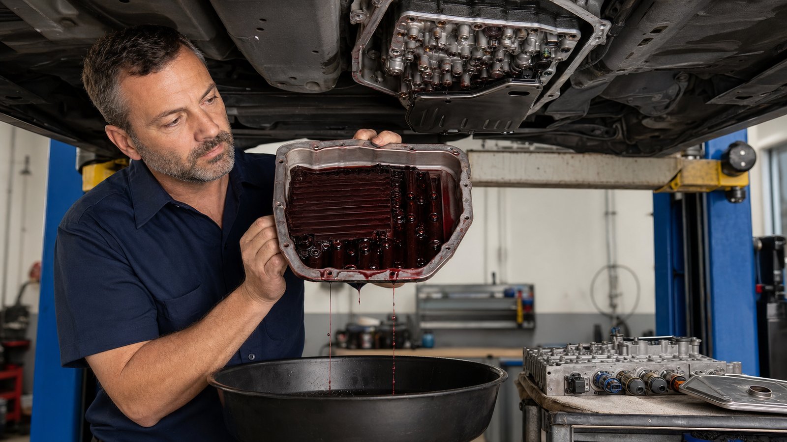 Master technician inspecting transmission pan and fluid at Perry's Quality Auto in Simi Valley