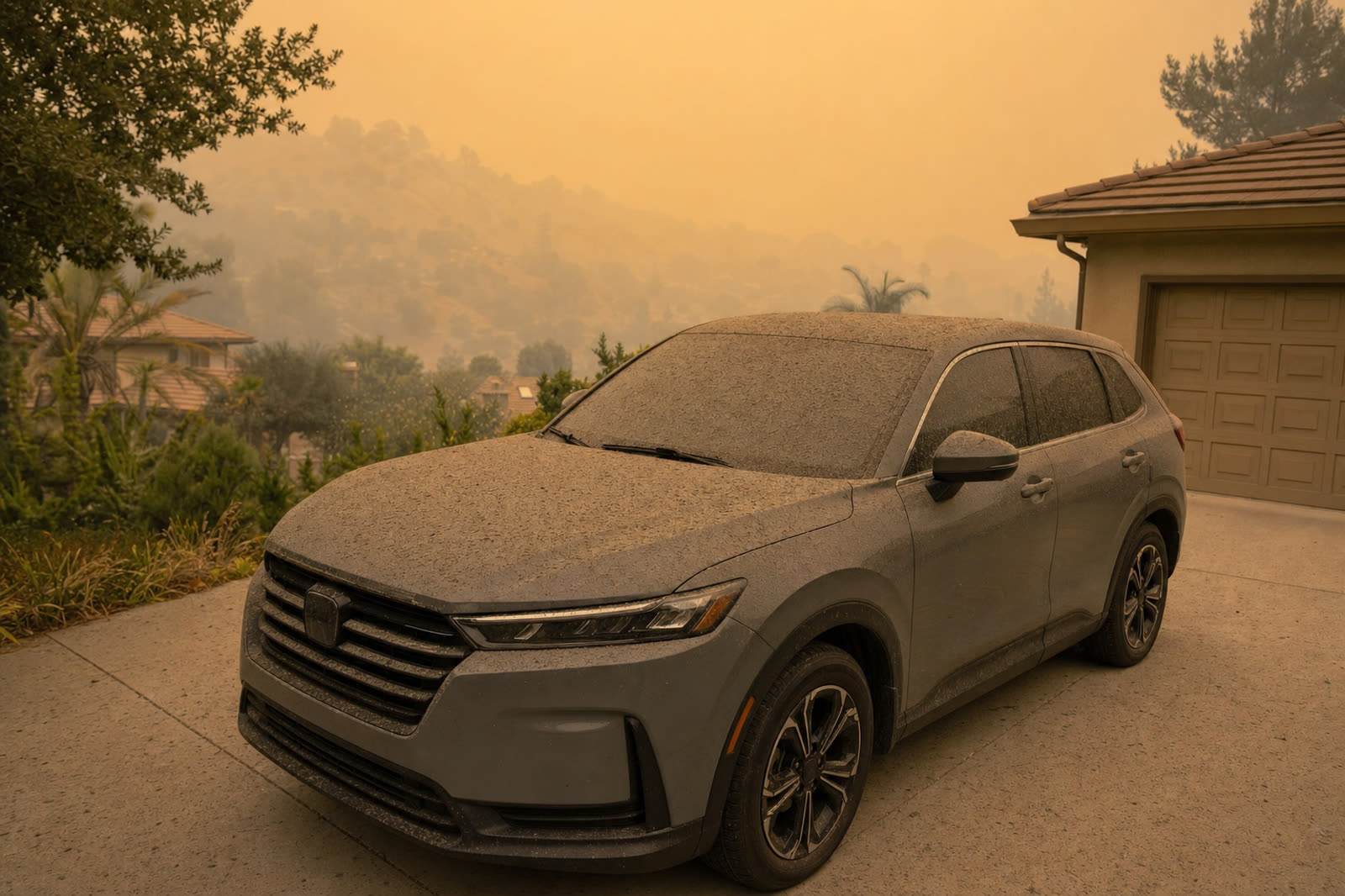 SUV in a Simi Valley driveway covered in wildfire ash with a hazy orange smoky sky in the background
